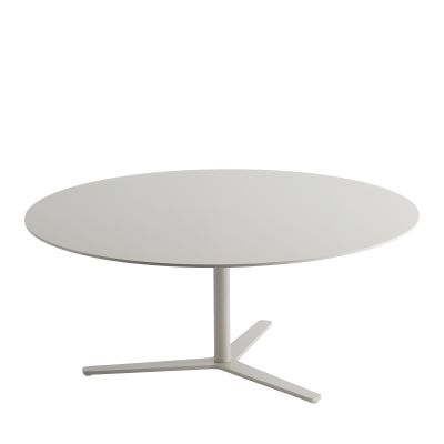 Weißer Tre90 Couchtisch von Mox mit runder Tischplatte und filigranem, dreibeinigem Fußgestell.